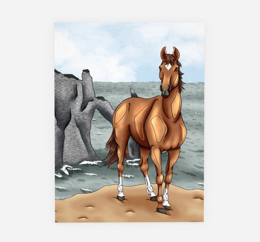 Toile décorative représentant un cheval illustré au bord de la mer avec falaises rocheuses, parfaite pour une décoration murale inspirée de l’univers du cheval et de l’équitation