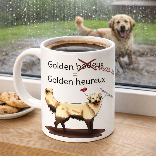 Mug Golden Retriever humour chien boueux chien heureux, illustration animalière expressive Libellule Graphisme pour petlovers