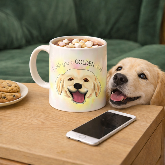 Mug illustré Golden Retriever souriant avec message Golden Day, illustration animalière Libellule Graphisme pour petlovers dogmom dogdad