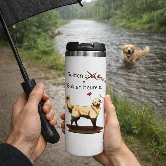 Mug isotherme illustration Golden Retriever heureux sous la pluie, design pour amoureux des chiens Libellule Graphisme