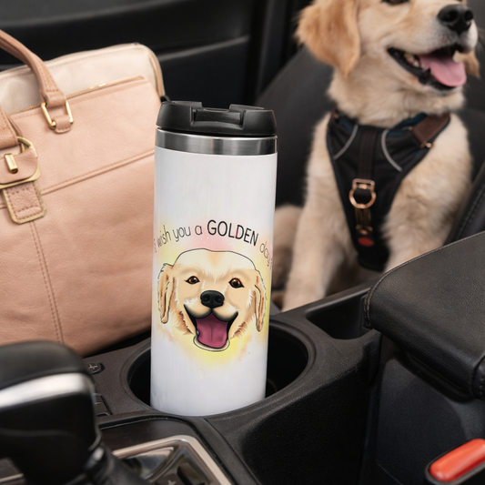 Mug isotherme illustré Golden Retriever Golden Day, accessoire boisson pour dogmom et dogdad, illustration Libellule Graphisme