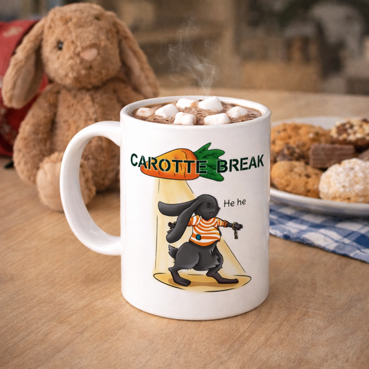 Mug illustré lapin humour Carotte Break avec boisson chaude, produit illustré pour amoureux des animaux Libellule Graphisme