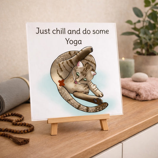 Plaque décorative illustration chat yoga relax, création illustratrice animalière Libellule Graphisme pour amoureux des chats