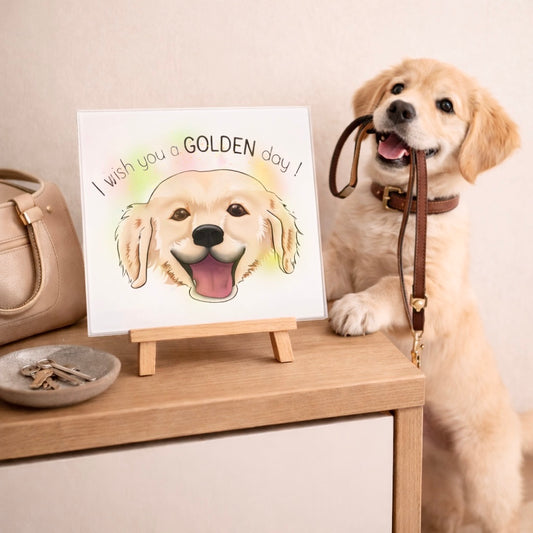 Plaque décorative avec illustration Golden Retriever joyeux, création illustratrice animalière française Libellule Graphisme pour amoureux des chiens