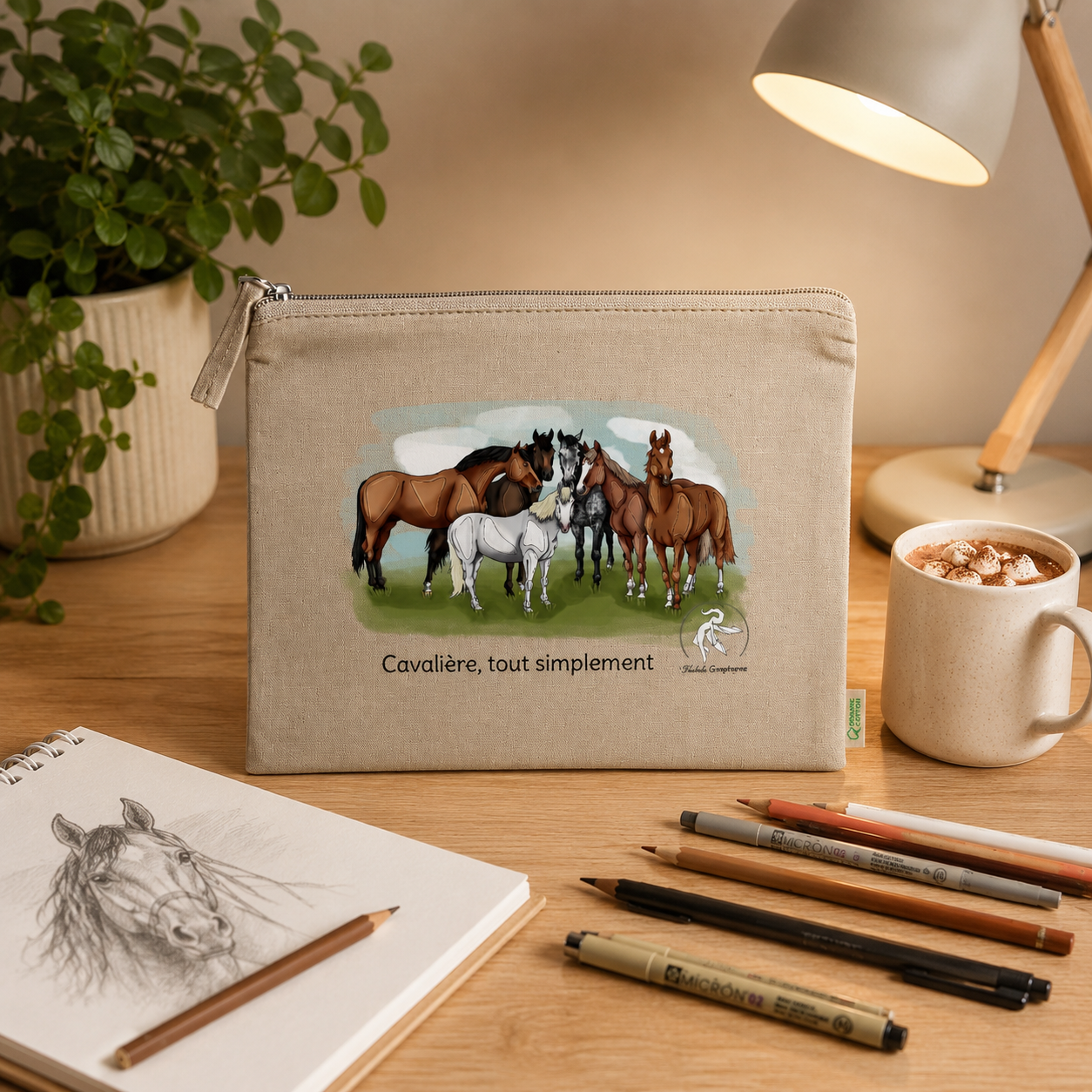 Trousse cavalière avec illustration de plusieurs chevaux et texte Cavalière tout simplement, création Libellule Graphisme pour passionnés d’équitation et du monde équestre