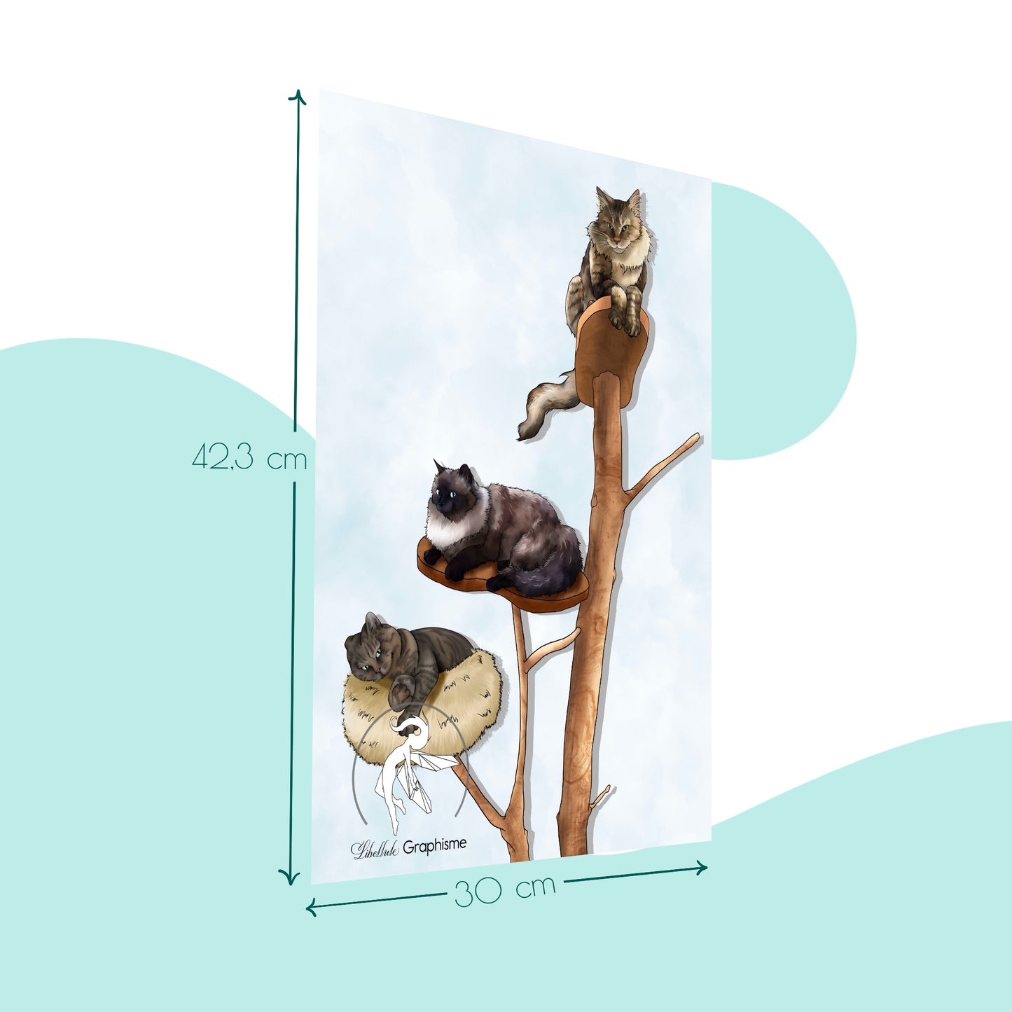 Aperçu d’une affiche animalière personnalisée montrant le format A3 et ses dimensions. L’exemple d’affiche représente trois chats — Maine Coon, chat sibérien et chat tigré — posés sur un arbre à chat en bois, afin d’illustrer la taille réelle du poster imprimé en haute définition.
