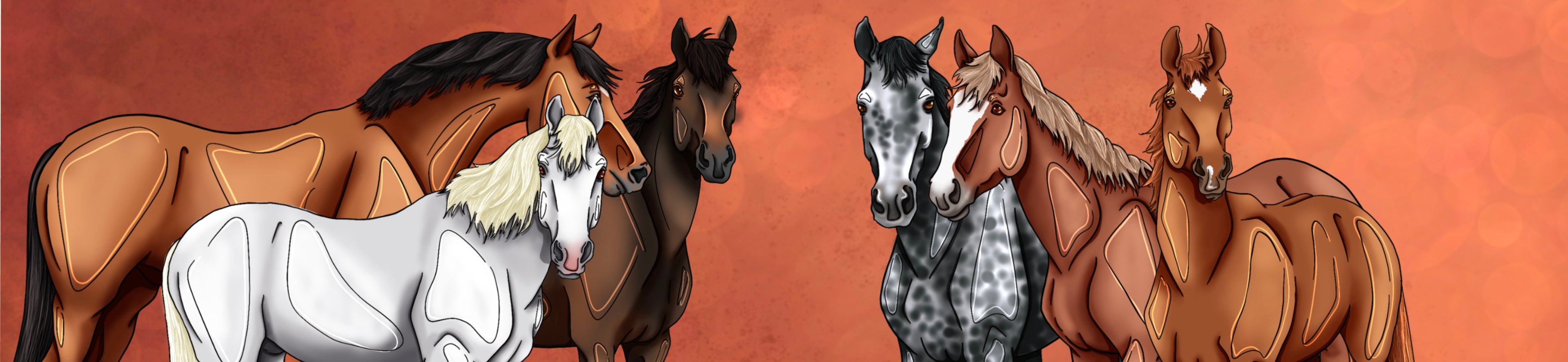 Header de la collection équestre créée par Libellule Graphisme en collaboration avec Laura Ledermann, avec fond terracotta effet bokeh, illustrations des 6 chevaux emblématiques de l’ambassadrice et dates des préventes du 1er au 15 juin pour les passionnés d’équitation et de chevaux