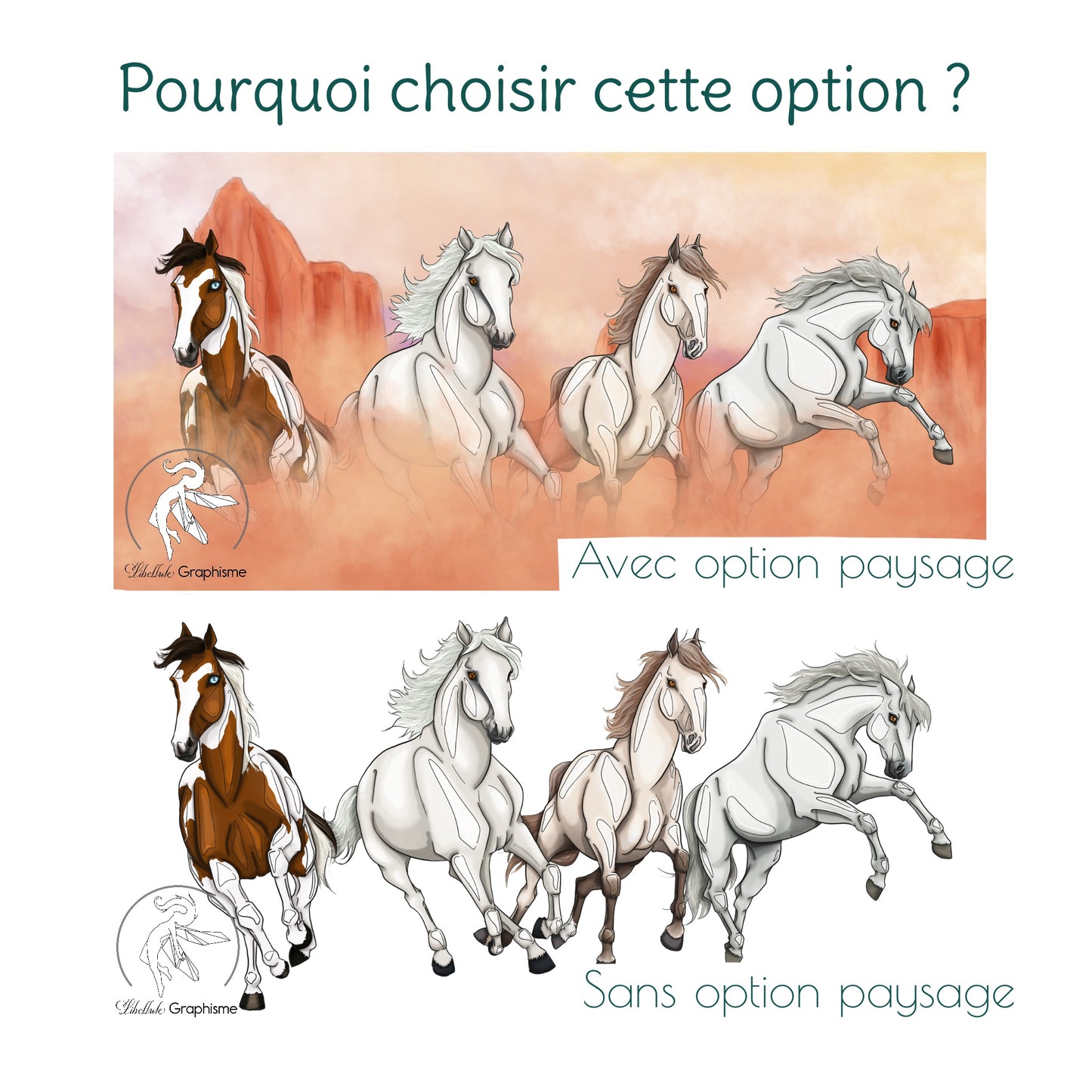 Image comparative montrant une illustration animalière avec option paysage et la même illustration sans décor, afin de mettre en évidence l’apport visuel, l’ambiance et la profondeur ajoutés par le paysage personnalisé.