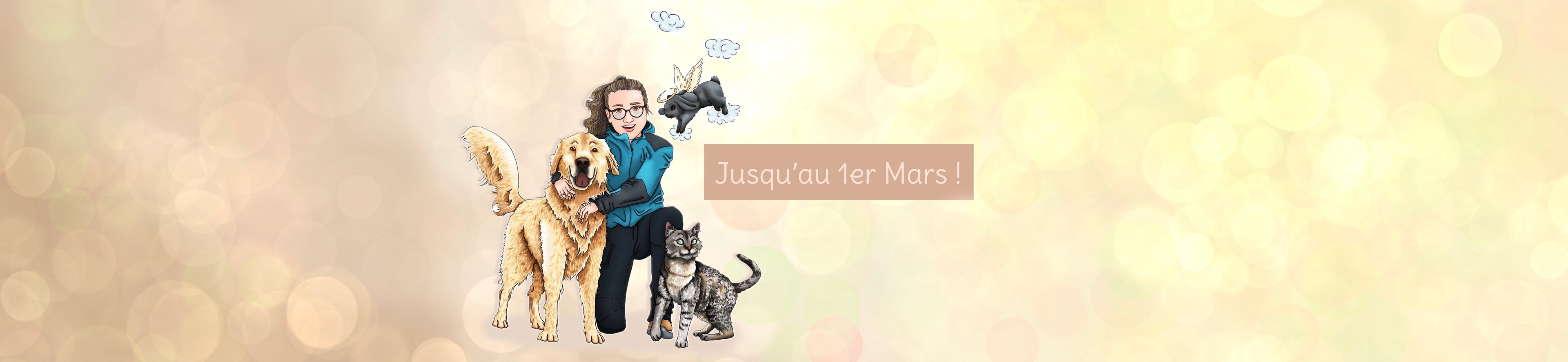 Header de collection Libellule Graphisme en collaboration avec Nouba Family présentant des produits illustrés animaliers chiens, chats et lapin pour petlovers