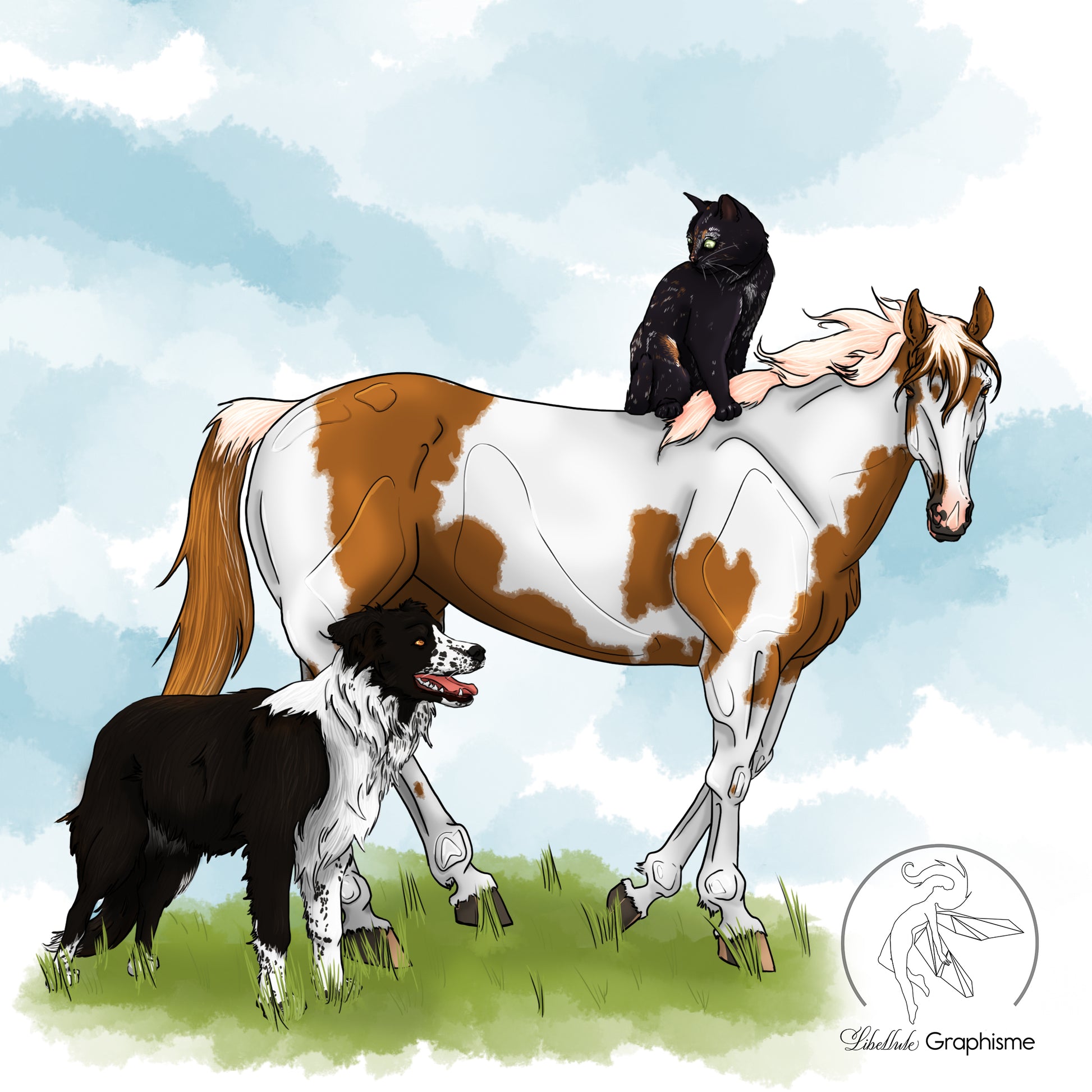Illustration animalière personnalisée représentant un cheval pie alezan de race américaine, un border collie et un chat noir. Exemple de création réalisée par Libellule Graphisme pour immortaliser les animaux qui partagent le quotidien de leurs gardiens.