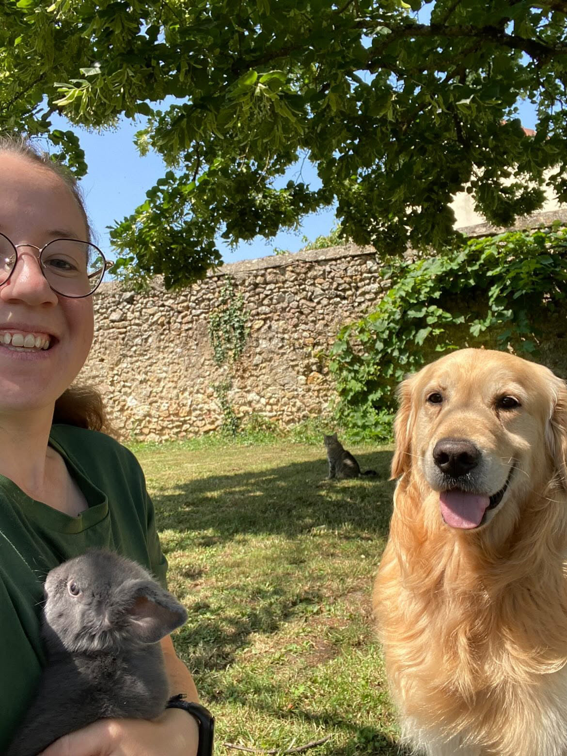 Photo de la Nouba Family, compte Instagram ambassadeur de Libellule Graphisme. On y voit un golden retriever et sa gardienne au premier plan dans un jardin, avec un lapin nain et un chat en arrière-plan, illustrant la diversité des animaux mis à l’honneur par la marque.