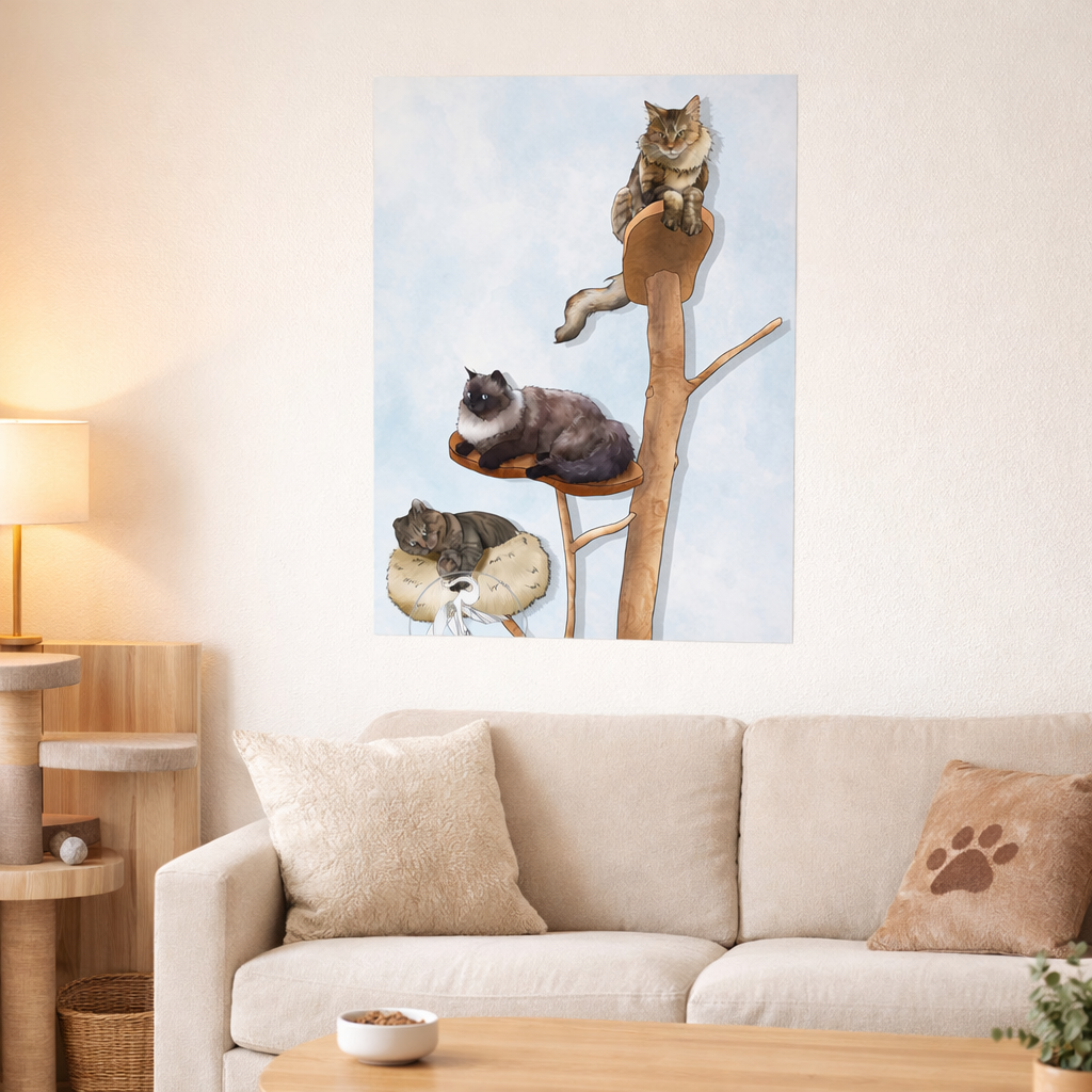 Affiche animalière personnalisée au format A3, imprimée en haute qualité, représentant trois chats de différentes races — un Maine Coon, un chat sibérien et un chat tigré — installés sur un arbre à chat en bois. Le poster est mis en scène dans un salon moderne et chaleureux, illustrant son intégration dans un intérieur.