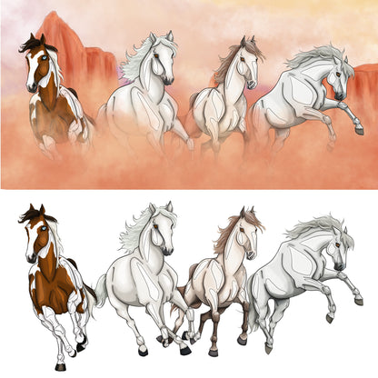 Illustration animalière réaliste montrant quatre chevaux au galop dans un paysage de montagnes, inspiré d’une scène de poursuite du dessin animé Spirit des studios DreamWorks, utilisée comme visuel de présentation de l’option paysage pour portrait animal personnalisé.