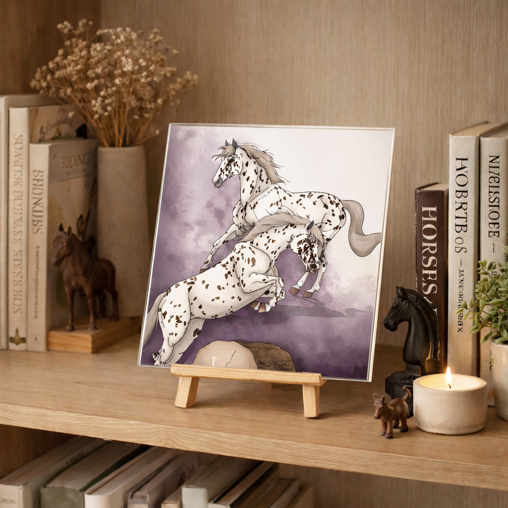 Plaque personnalisée en plexiglas au format 21 x 21 cm, imprimée en haute qualité avec une illustration animalière. La plaque est posée sur un chevalet dans une bibliothèque aux tons beiges chaleureux, avec une décoration moderne et épurée sur le thème des chevaux, illustrant son usage décoratif en intérieur.