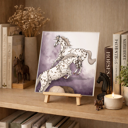 Plaque personnalisée en plexiglas au format 21 x 21 cm, imprimée en haute qualité avec une illustration animalière. La plaque est posée sur un chevalet dans une bibliothèque aux tons beiges chaleureux, avec une décoration moderne et épurée sur le thème des chevaux, illustrant son usage décoratif en intérieur.