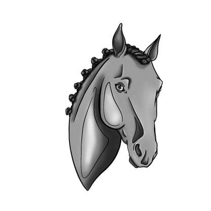 Illustration semi personnalisée d’un cheval de selle à la morphologie classique, avec crinière et toupet tressés en pions, inspirée des chevaux de dressage. Exemple de portrait d’équidé personnalisable au format A3 haute résolution.