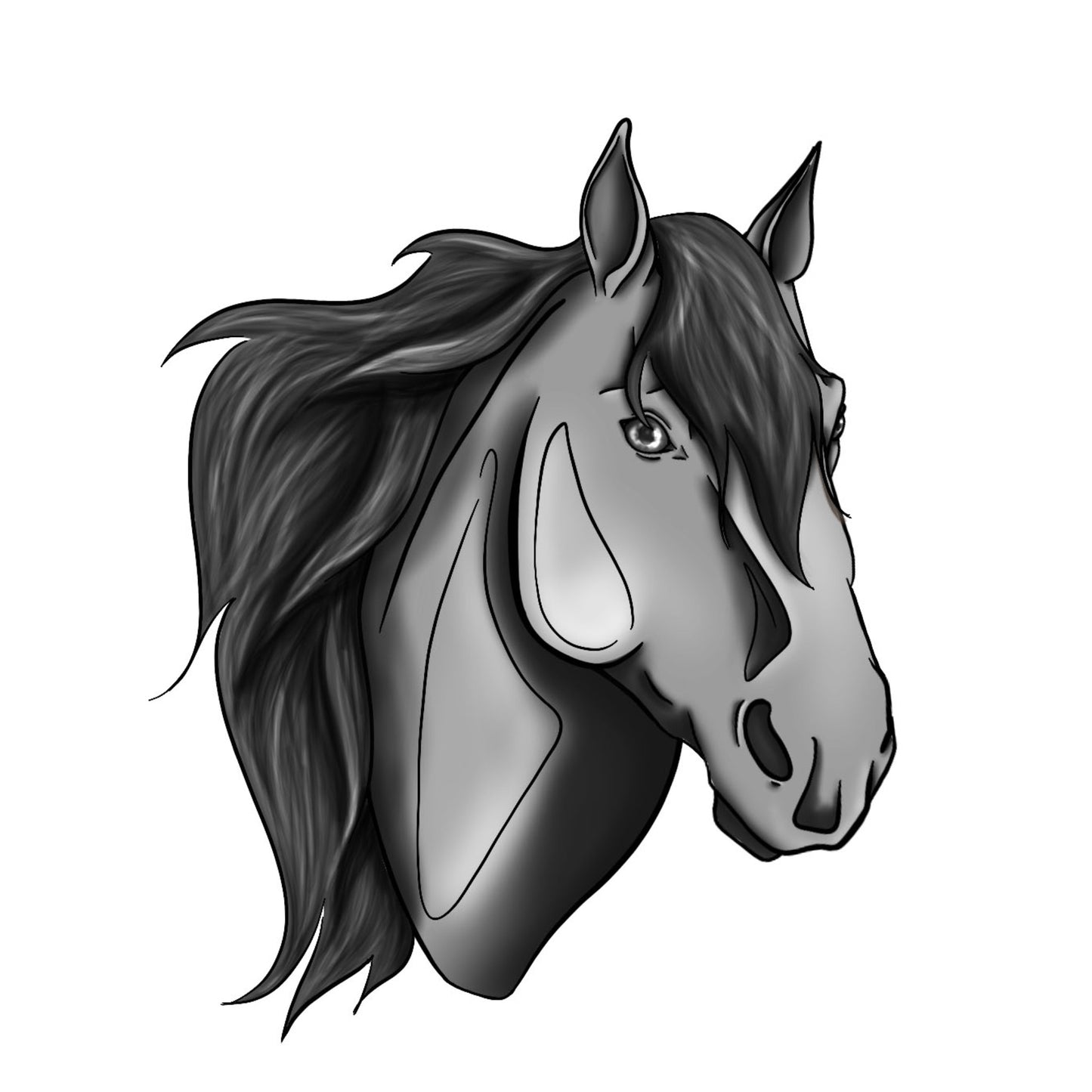 Portrait illustré d’un cheval de trait à la stature imposante, avec une ossature marquée et une encolure large et robuste. Illustration semi personnalisée valorisant la force et le gabarit de ce type d’équidé.