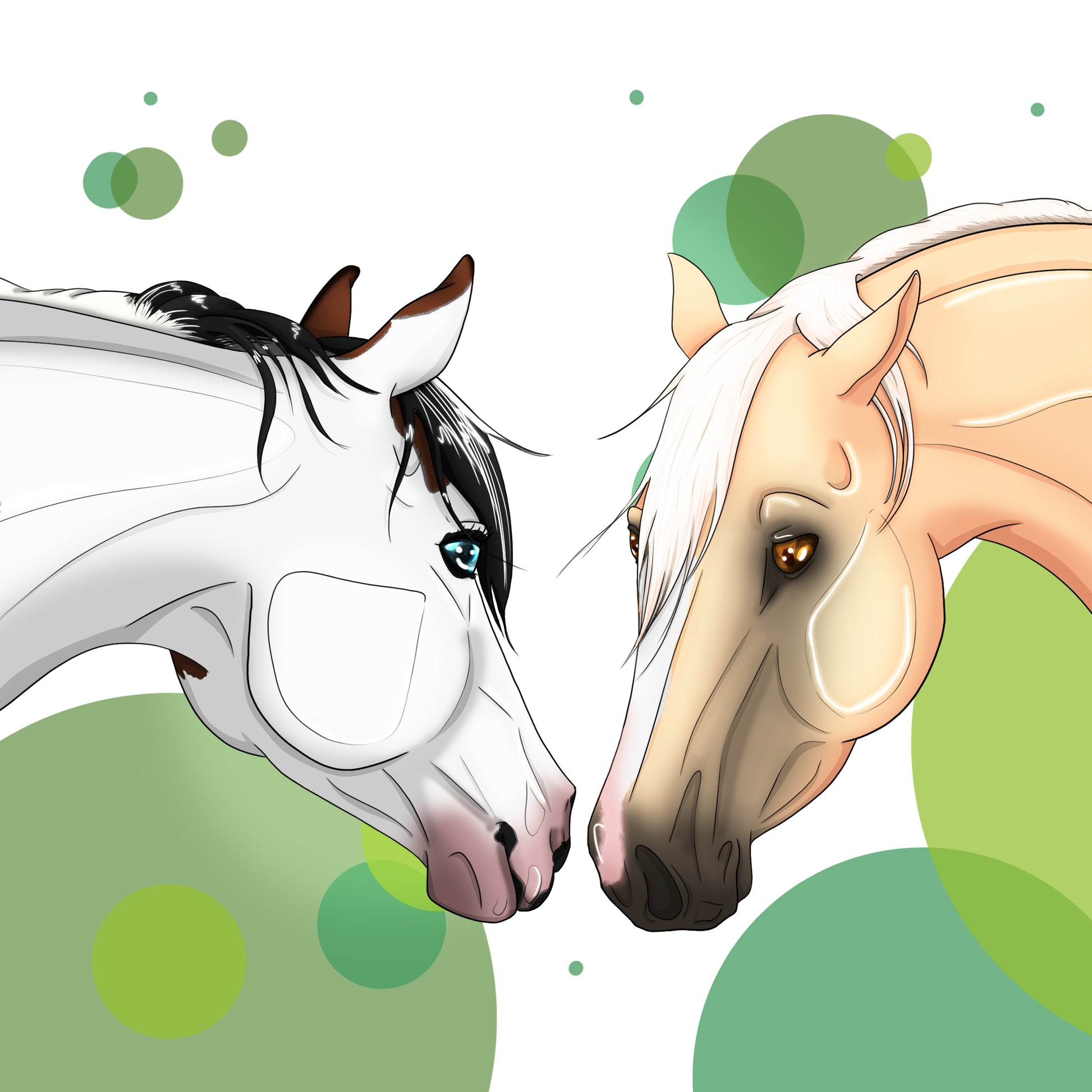Illustration animalière personnalisée très réaliste représentant deux chevaux : un étalon quarter horse palomino et une jument paint horse aux yeux bleus. Exemple de portrait équin détaillé réalisable par Libellule Graphisme.