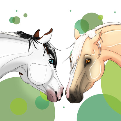 Illustration animalière personnalisée très réaliste représentant deux chevaux : un étalon quarter horse palomino et une jument paint horse aux yeux bleus. Exemple de portrait équin détaillé réalisable par Libellule Graphisme.