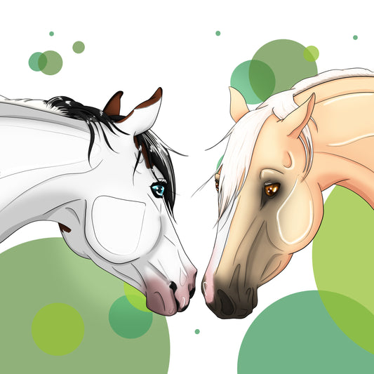 Illustration animalière personnalisée très réaliste représentant deux chevaux : un étalon quarter horse palomino et une jument paint horse aux yeux bleus. Exemple de portrait équin détaillé réalisable par Libellule Graphisme.