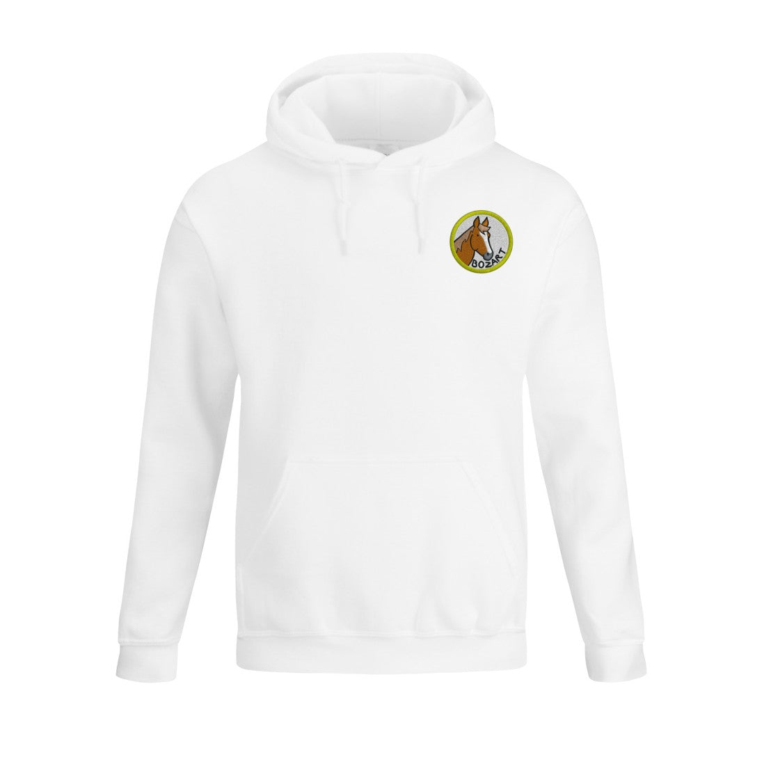 Sweat à capuche blanc personnalisé avec illustration du cheval Bozart en style badge équestre pour cavaliers et passionnés d’équitation