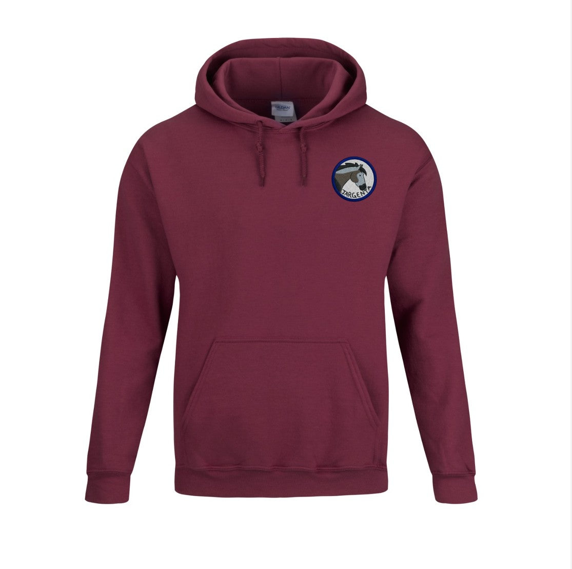 Sweat à capuche bordeaux personnalisé avec illustration du cheval Jargenta pour cavalières et passionnés d’univers équestre