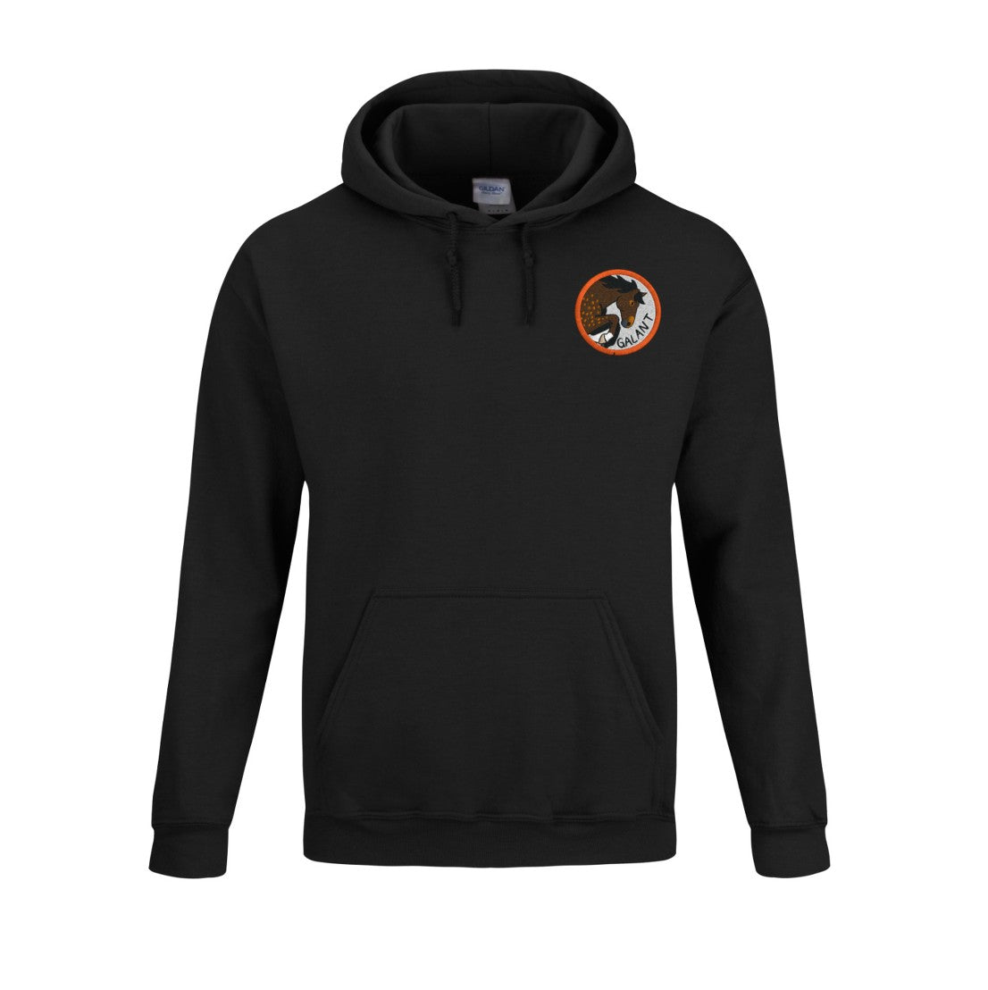 Sweat à capuche noir avec illustration cheval Galant style badge personnalisé pour cavaliers et fans d’équitation
