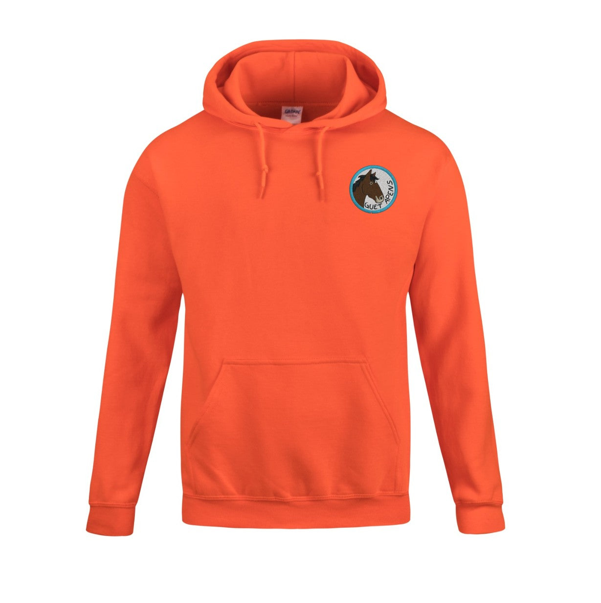 Sweat à capuche orange avec illustration personnalisée du cheval Guet Apens pour cavaliers et passionnés de chevaux