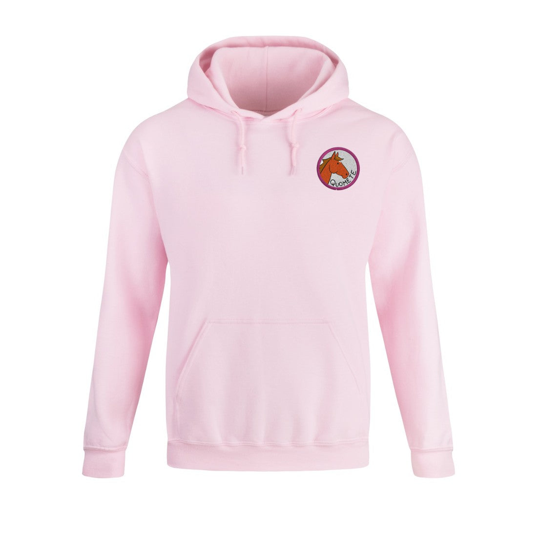 Sweat à capuche rose personnalisé avec illustration du cheval Quomete style écusson pour cavalières et amoureux des chevaux