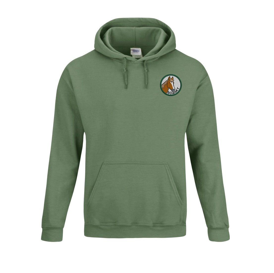 Sweat à capuche vert avec illustration cheval Bozart en badge équestre personnalisé pour passionnés d’équitation
