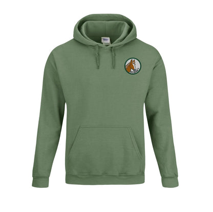 Sweat à capuche vert avec illustration cheval Bozart en badge équestre personnalisé pour passionnés d’équitation