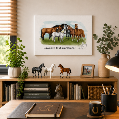 Toile décorative avec illustration de plusieurs chevaux et citation “Cavalière, tout simplement” dans un intérieur inspiré de l’univers équestre