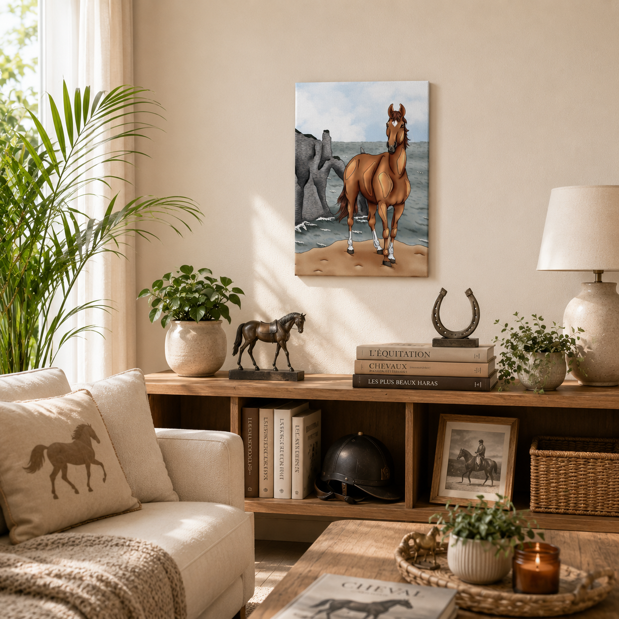 Tableau illustré représentant un cheval dans une décoration de salon chaleureuse pour passionnés d’équitation et amoureux des chevaux