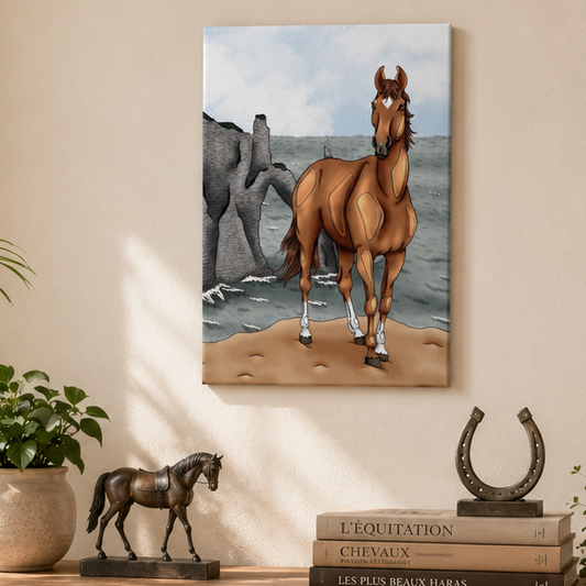 Toile décorative personnalisée avec illustration de cheval imprimée sur canvas pour décoration équestre élégante et chaleureuse