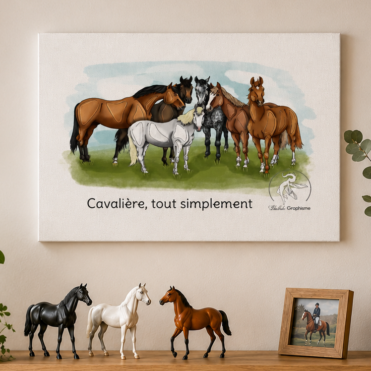 Tableau canvas personnalisé avec illustration de chevaux et texte Cavalière tout simplement pour décoration murale équestre moderne