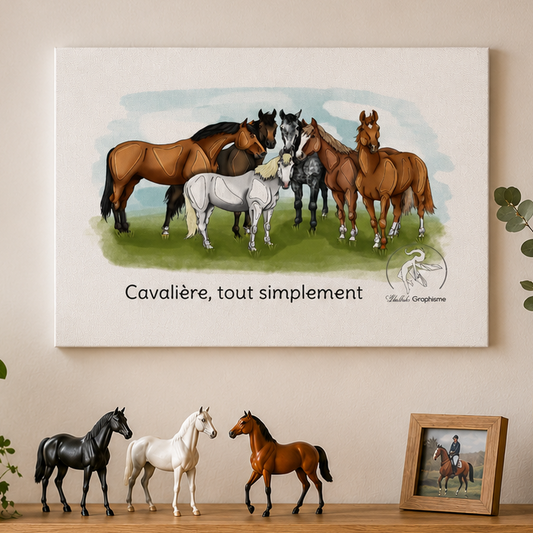 Tableau canvas personnalisé avec illustration de chevaux et texte Cavalière tout simplement pour décoration murale équestre moderne