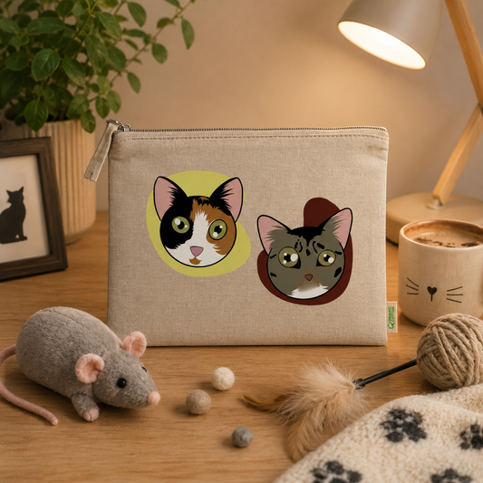 Trousse en coton bio avec illustrations de deux chats stylisés, création Libellule Graphisme pour amoureux des chats et accessoires petlovers