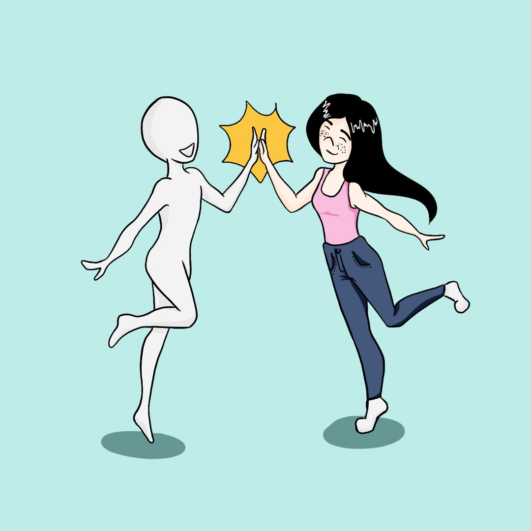 Libellule Graphisme illustre son engagement qualité : une créatrice et son client se tapent dans la main avec le sourire, incarnant la confiance, la satisfaction et la réussite partagée de chaque projet