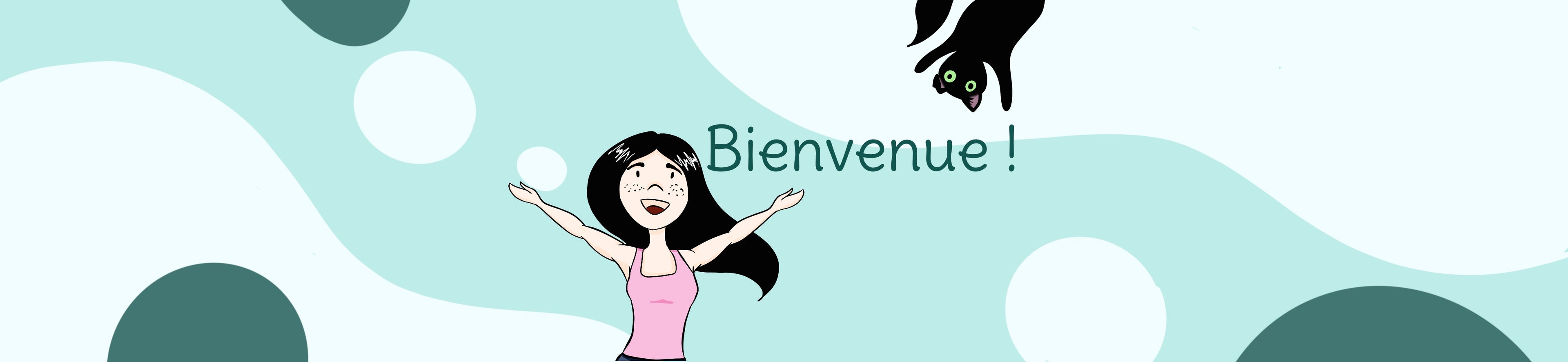 Illustration du header de bienvenue de Libellule Graphisme : la créatrice et son chat accueillent les visiteurs avec chaleur et créativité