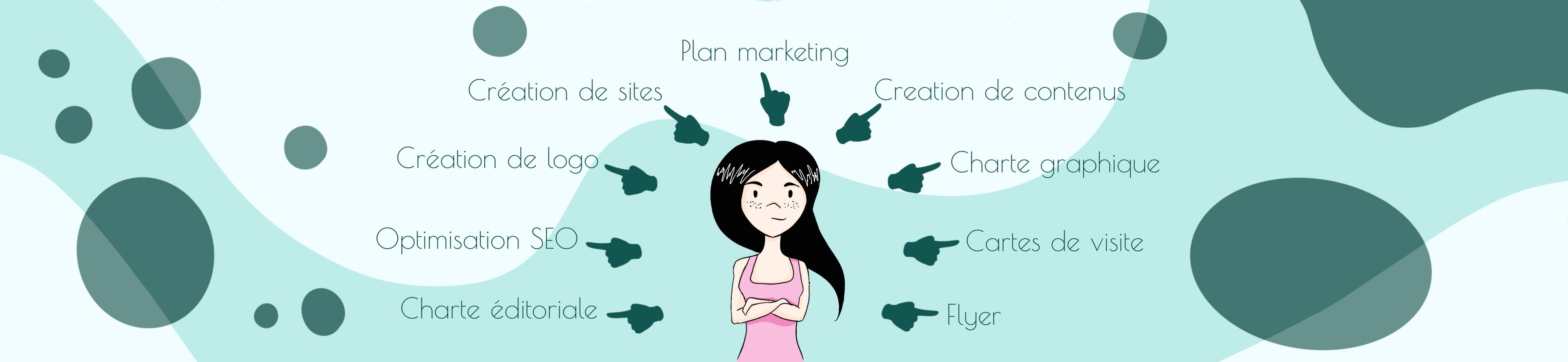 Illustration de Libellule Graphisme présentant ses prestations : la créatrice montre du doigt ses services en marketing et création graphique, symbolisant un accompagnement personnalisé et créatif