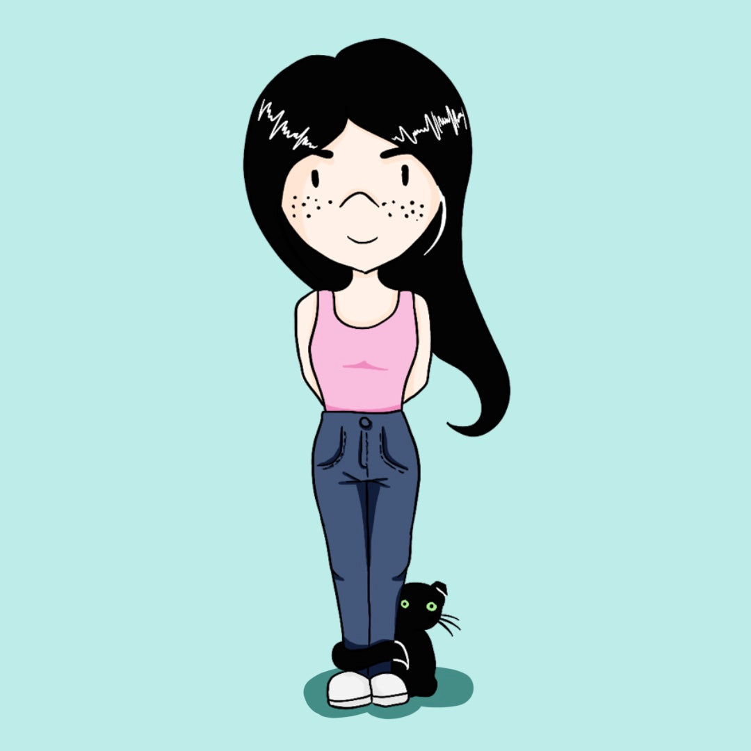 La créatrice de Libellule Graphisme se présente aux clients avec un sourire chaleureux, les mains derrière le dos, tandis que son chat noir, assistant discret, l’accompagne en arrière-plan, incarnant créativité et accueil