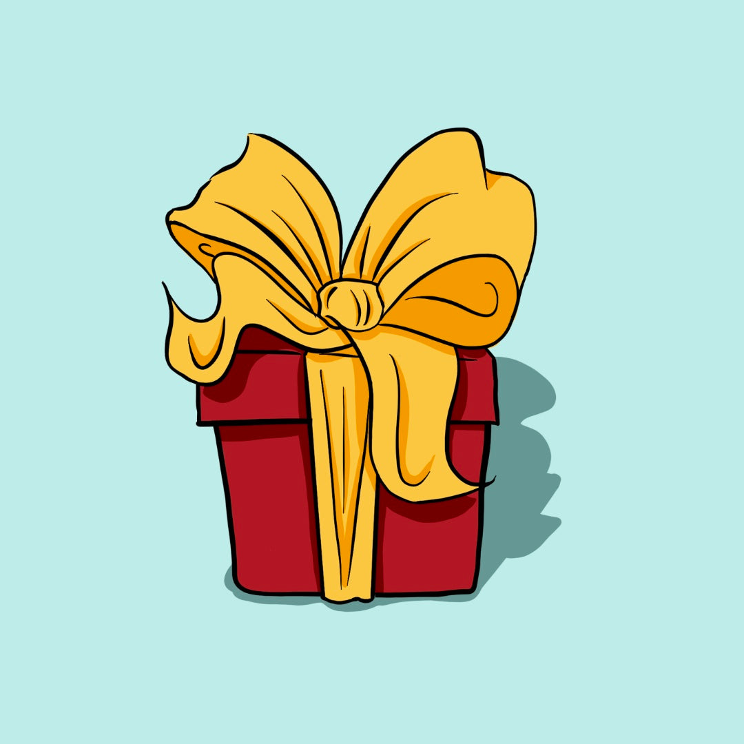 Illustration symbolisant les livrables de Libellule Graphisme : un cadeau rouge orné d’un ruban doré représentant la remise soignée et personnalisée des créations finales