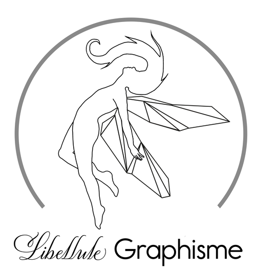 Logo de Libellule Graphisme représentant une fée stylisée aux ailes de libellule dans un cercle gris, symbole de créativité et d’identité visuelle