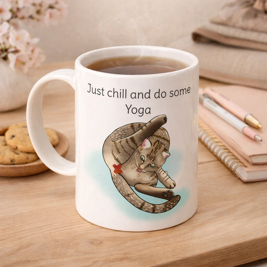 Mug chat yoga humour zen illustration féline de caractère par Libellule Graphisme pour catlovers