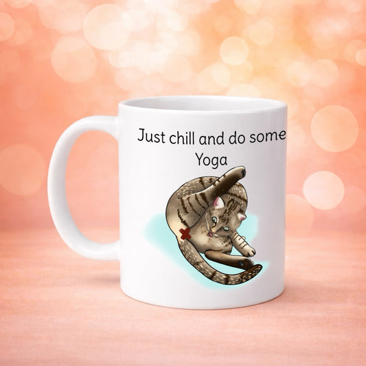 Mug chat posture yoga humoristique, illustration féline originale Libellule Graphisme pour amoureux des chats