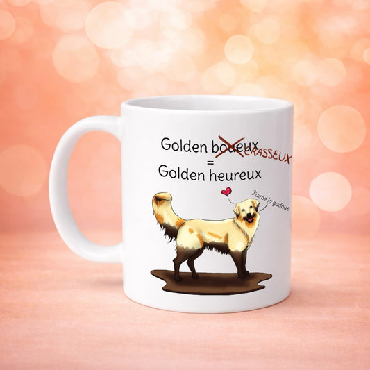 Mug Golden Retriever humour chien boueux chien heureux, illustration animalière expressive Libellule Graphisme pour petlovers