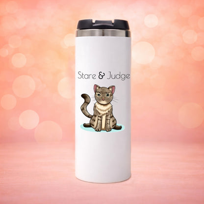 Mug isotherme chat humour regard jugement, illustration animalière de caractère Libellule Graphisme pour petlovers