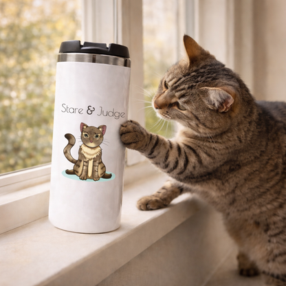 Mug isotherme illustration chat regard jugement Stare and Judge par Libellule Graphisme, produit humour pour amoureux des chats