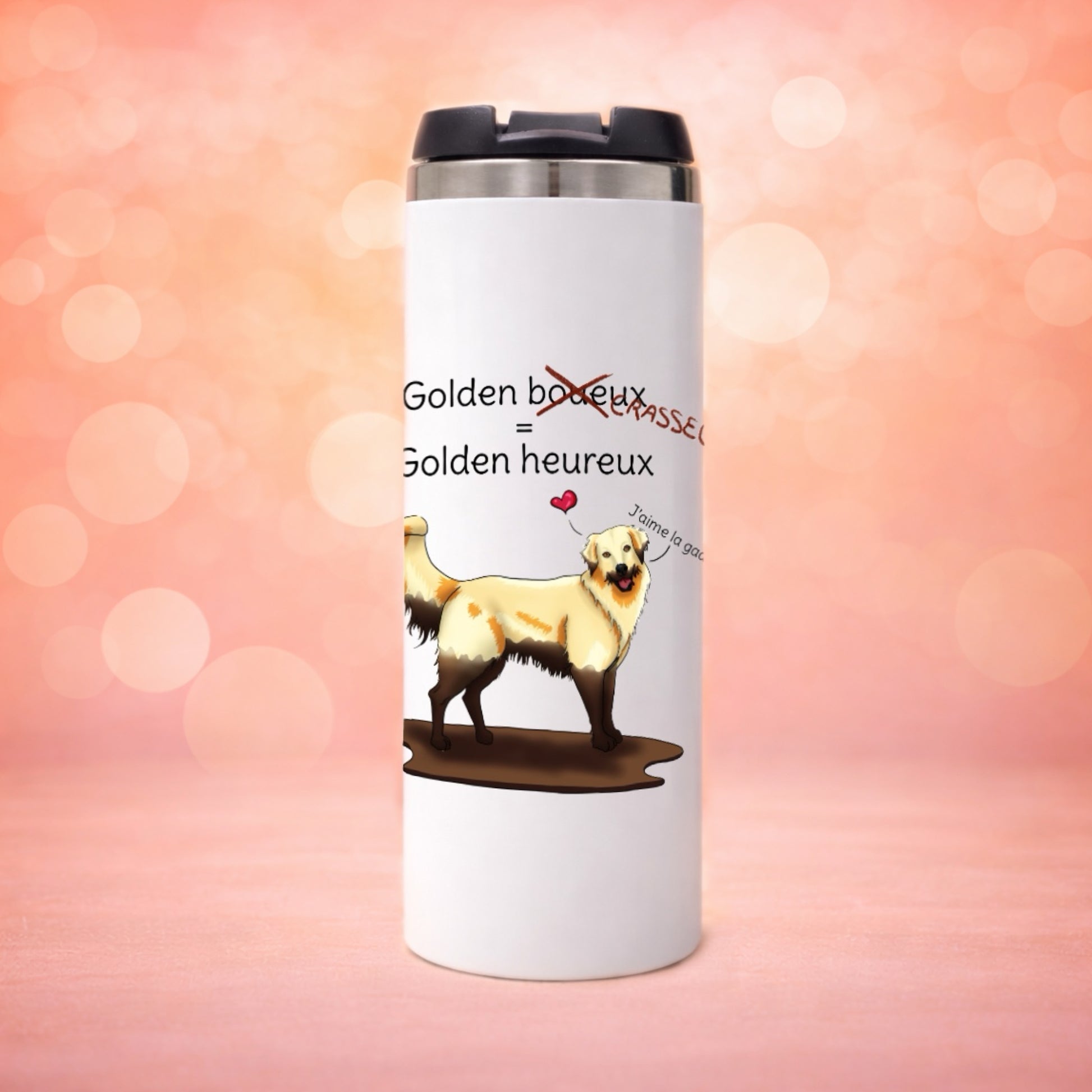 Mug isotherme Golden Retriever humour boueux heureux, illustration chien de caractère par Libellule Graphisme