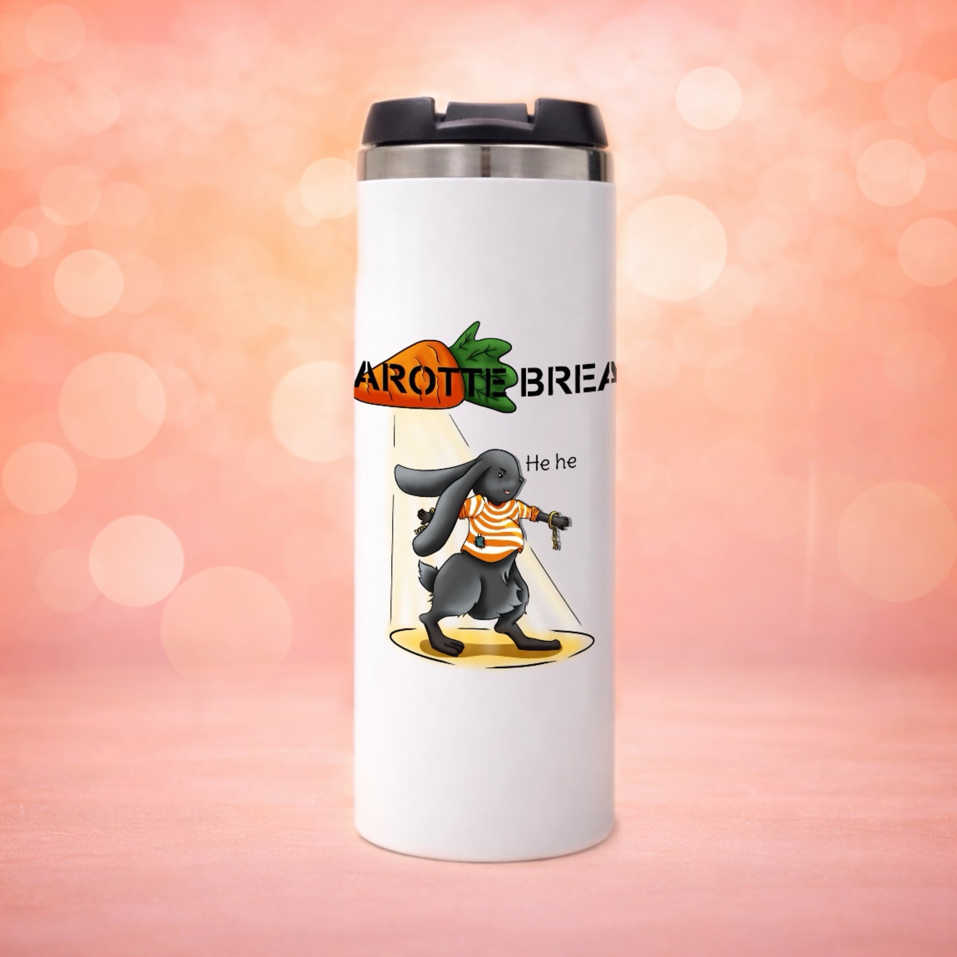 Mug isotherme illustration lapin humour Carotte Break, design animalier original Libellule Graphisme pour petlovers